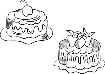 Two Delicious Cakes Hand Drawn Sketch Black and White Illustration