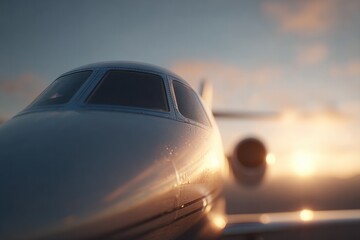 sleek private jet on sunlit runway airplane nose captured close-up with reflections