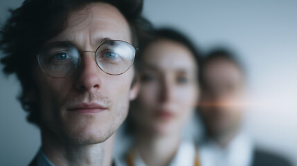 Fototapeta premium Focused Professionals: A pensive man with glasses stands in the foreground, his gaze fixed ahead, representing focus and determination. Two colleagues are softly blurred in the background.