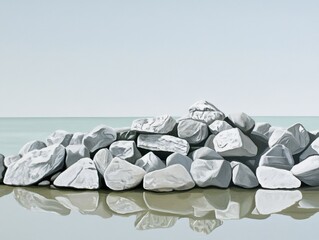Serene Coastal Art: Rocks Reflecting in Calm Water, Minimalist Landscape Painting, Soft Light, Peaceful Scene