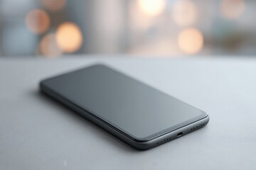 sleek smartphone sits on modern minimalistic desk with ample copy space around for text or design elements
