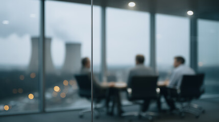 Blurred Business Meeting: Three individuals engage in a focused discussion around a table in a modern office, the cityscape blurred behind them, hinting at collaborative decision-making.