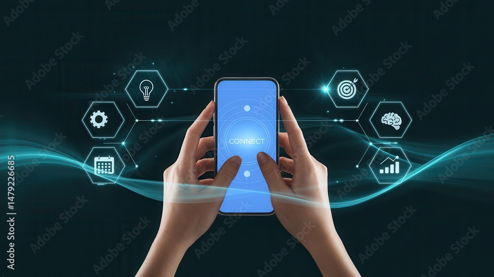 Poster smartphone use with abstract digital interface overlays.