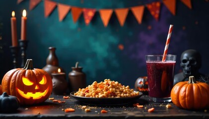 Frightfully fun Halloween monster mash party scene with spooky decorations and treats , spooky, cobwebs, photo