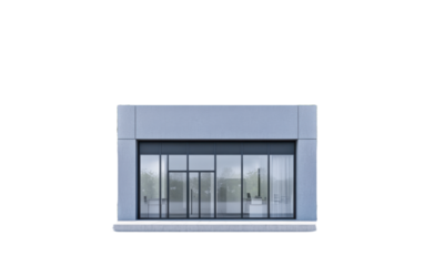 Brick building with a large window on the front on transparent or white background