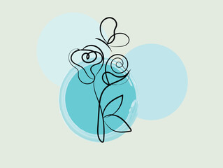 Elegant Abstract Floral Design with Blue Watercolor Circles and Minimalist Line Art