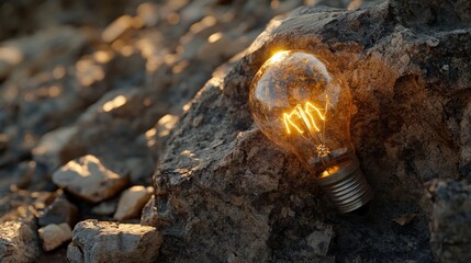 Obraz premium 35.An artistic composition of a vintage Edison bulb glowing brightly on a rough, jagged rock, with a backdrop of earthy tones and scattered pebbles.