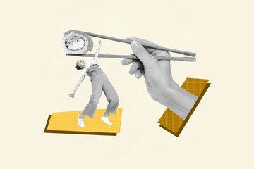 Poster template collage of person stand under big hand holding sticks with sushi on pastel background