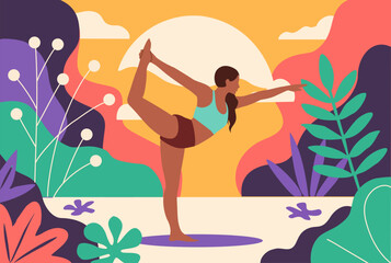 Flat vector illustration of young woman in sport clothes doing yoga pose, asana in the park. Stylized plants and trees in trendy vivid colors create a vibrant nature background.