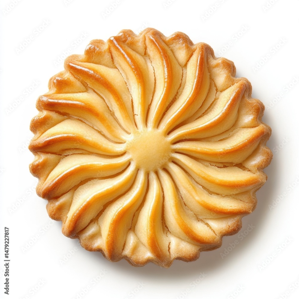 Aufkleber top down view of a single apple tart with glazed fruit slices arranged in a sunburst pattern on a wh