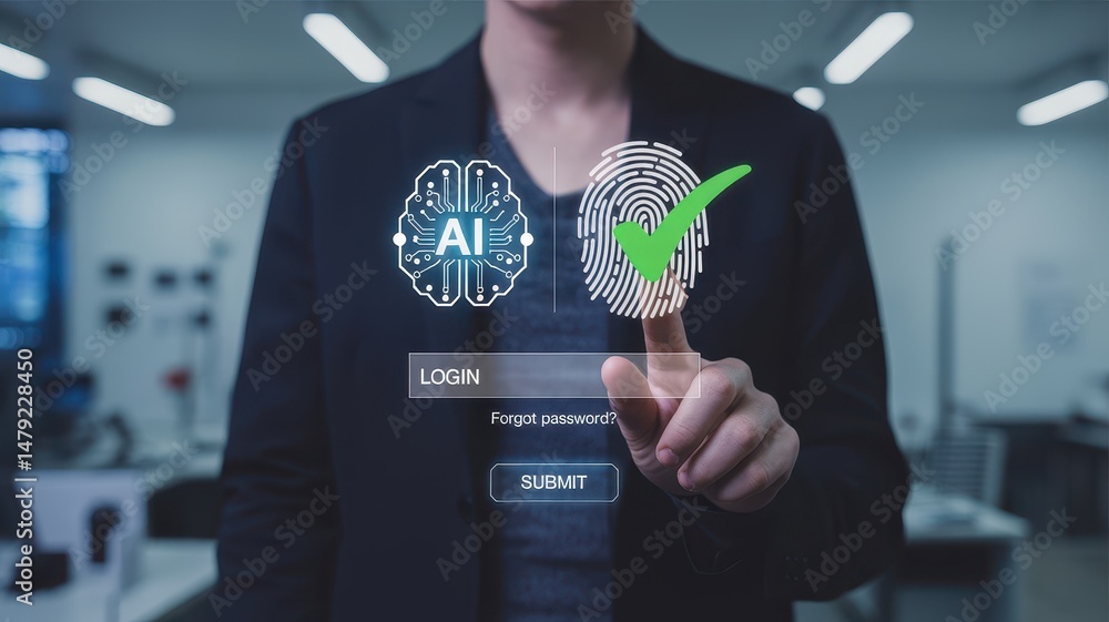 Poster person interacting with a digital login interface, incorporating ai and fingerprint verification.
