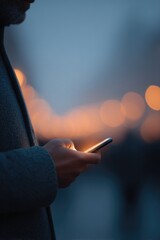 solitary individual holds sleek smartphone in their hand device screen glowing softly blurred figures move gently in