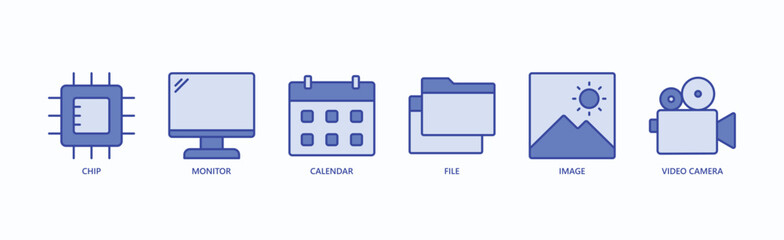 Fototapeta premium Digital Essentials Icon Set Isolated Vector Illustration Concept With Icon Of Chip, Monitor, Calendar, File, Image, Video Camera In Blue Style
