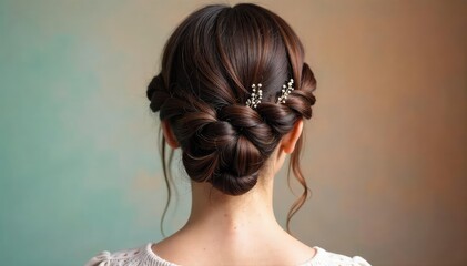 Intricate braided updo, adorned with delicate accents , hairstylist, intricate, sophisticated