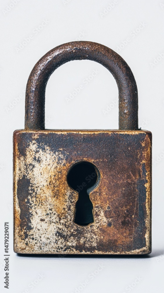 Poster macro shot of a weathered padlock on white background showing rust and age suggesting security and p