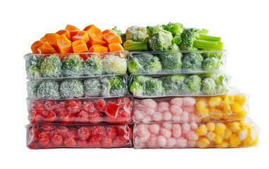 Stack of plastic containers with various fruits and vegetables inside on transparent or white background