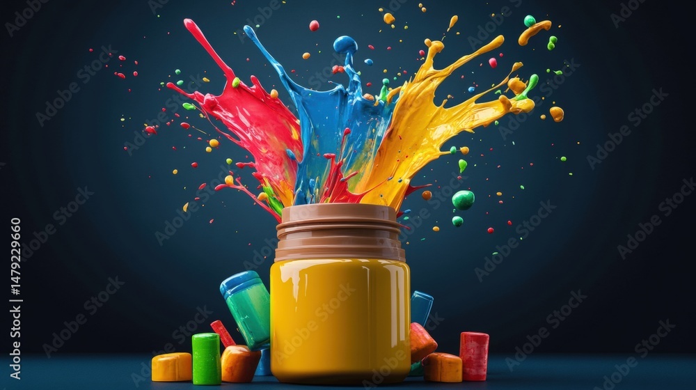 Poster colorful paint explosion in a jar with bright drips and splashes creating an artistic dynamic visual