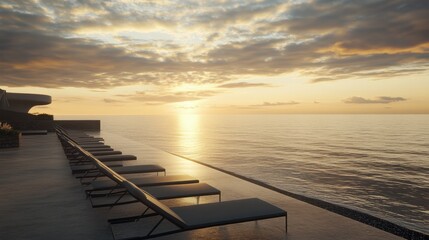 Obraz premium Early morning beachfront resort scene with empty loungers, calm ocean, and golden sunrise