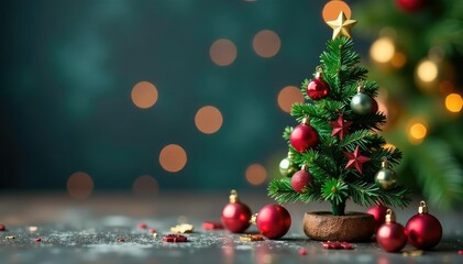 Miniature Christmas tree adorned with colorful baubles , small, ornament, gold