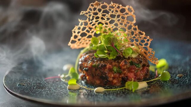 Close up view of a gourmet beef tartare dish artfully presented on a dark blue speckled plate. The tartare is topped with a delicate crispy garnish and microgreens, emitting steam.