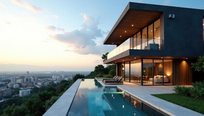 Modern condo building exterior, showcasing sleek architecture and city views , design, rooftop