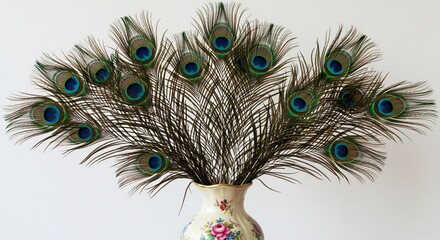 Obraz premium 孔雀の羽根 華麗なる装飾 優美な光沢 白背景. AI Generated