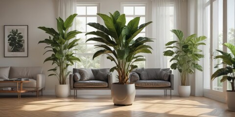 Fototapeta premium Rubber plant with glossy leaves in a bright living room with natural light, rubber tree plant, home plants, foliage