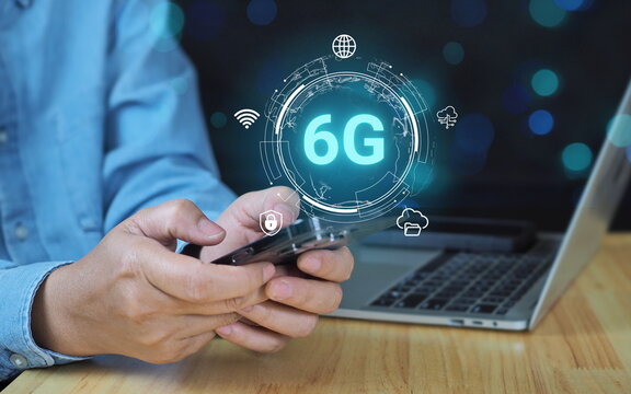 Concept of 6G (sixth-generation) technology for wireless communications. business and next-generation communication network. High-speed data transfer, low-latency infrastructure.
