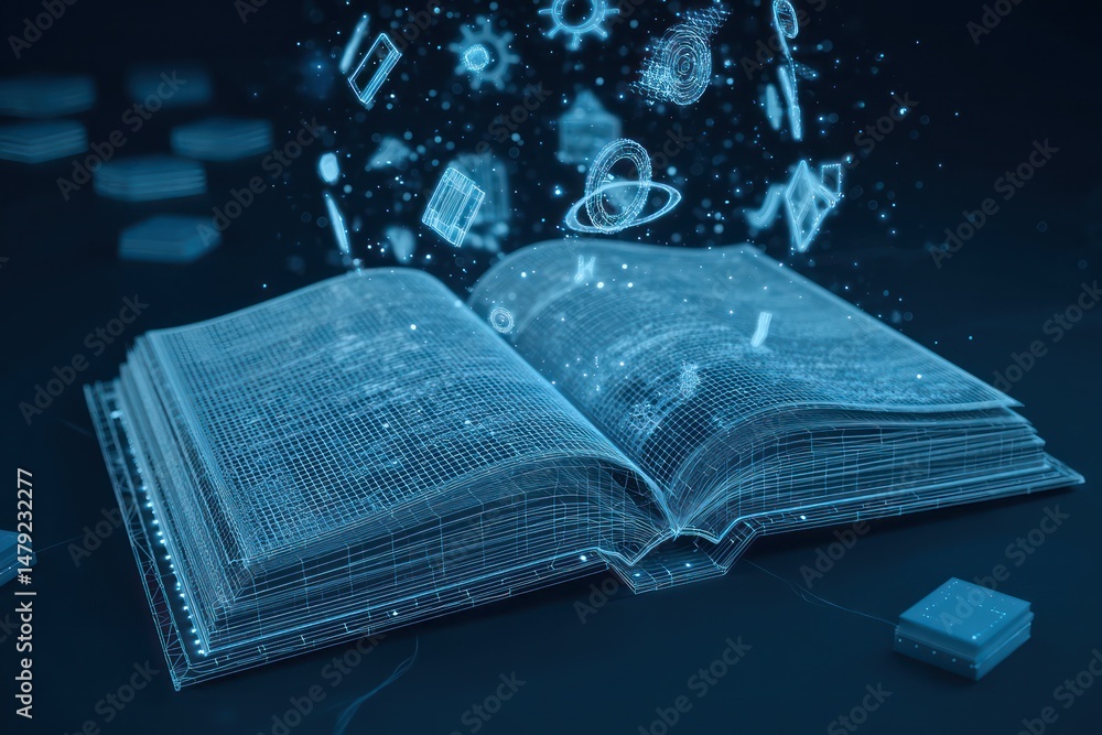 Poster digital wireframe book with floating tech symbols, symbolizing the integration of education and inno