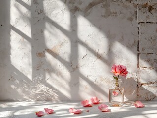 Delicate Pink Rose Serene Still Life with Light  Shadow on Textured Wall.