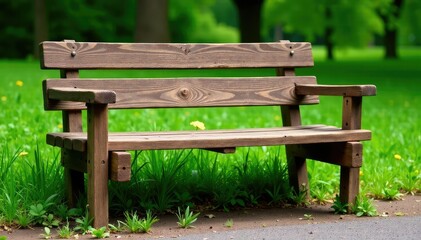 Rustic wooden bench outdoors, weathered and worn Ideal for garden, park, or backyard settings , rustic design, rest