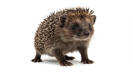 Fototapeta premium Cute hedgehog stands alert against bright white background. AI Generated
