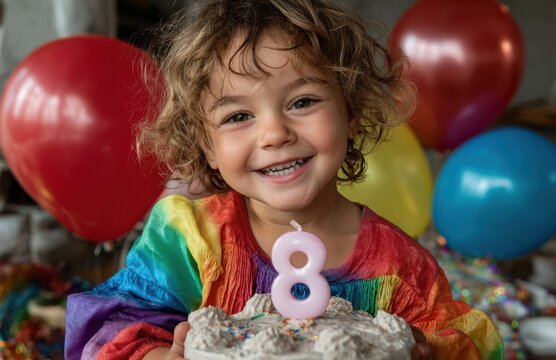 Smiling girl celebrating eighth birthday with cake and balloons - Powered by Adobe