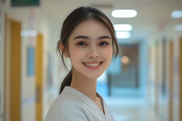 Smiling young woman in a hospital hallway