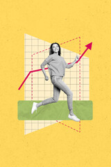 template picture collage of person stand front drawing arrows up on yellow background