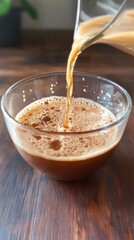 Pouring Freshly Brewed Coffee into a Glass Cup on Wooden Table