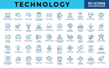 Technology icons set with artificial intelligence, machine learning, deep learning, natural language processing, computer vision, robotics, augmented reality icon. Simple outline color vector 
