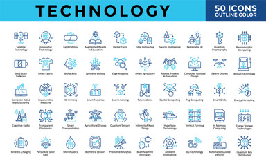 Technology icons set with satellite technology, geospatial technology, light fidelity, augmented reality in education, digital twins, edge computing icon. Simple outline color vector 
