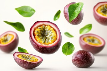 Naklejka premium Floating passion fruit halves & leaves