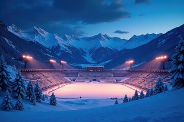 Snowy mountain range backdrop, winter sports stadium, illuminated at night , illuminated, athletic, landscape
