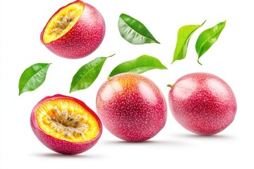 Vibrant passion fruits with halved view & leaves