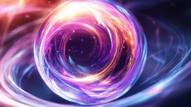 A mesmerizing glowing orb surrounded by swirling colorful energy in a cosmic space setting