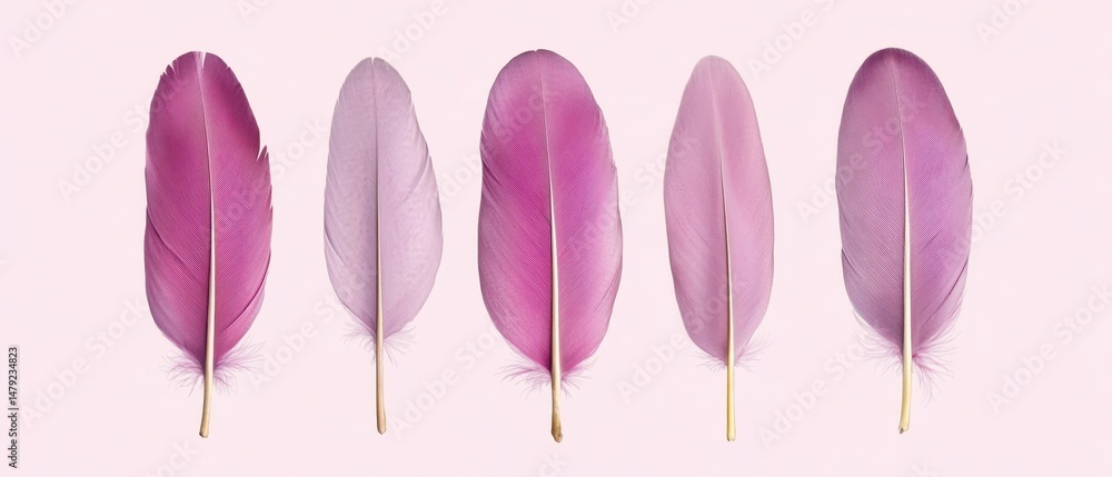 Poster five purple feathers in a row on light pink background studio shot minimalist style elegant and simp