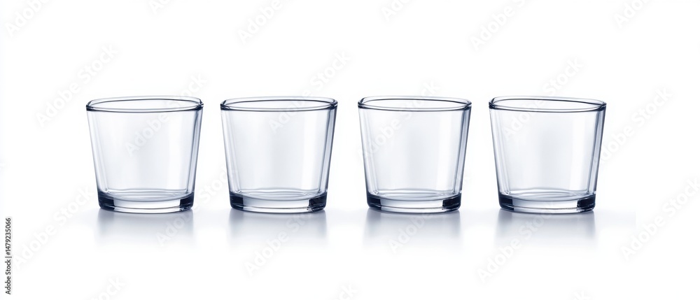 Poster four empty clear glasses in a row on white background studio shot product photography simple minimal
