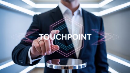 Businessman interacting with a touch screen interface.