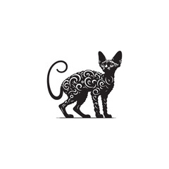 Devon Rex Cat Vector Silhouette: Distinctive Big-Eared Feline with Curly Fur, Slender Body, and Playful Expression Captured in a Clean, Modern, and Minimalist Silhouette Art Style.

