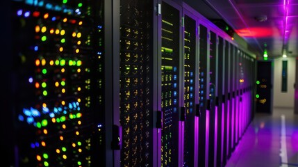 A view of a server room with colorful lights and rows of server racks in a data center environment