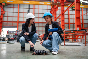 Chief Engineer and Project Manager Wearing Safety Vests and Hard Hats, Talking and planning...
