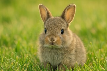 Fototapeta premium Adorable rabbit in green field.