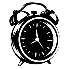 Classic Alarm Clock Illustration in Black and White Monochrome Design Style